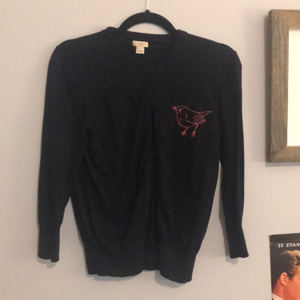 Soft navy cotton cardigan with embroidered bird